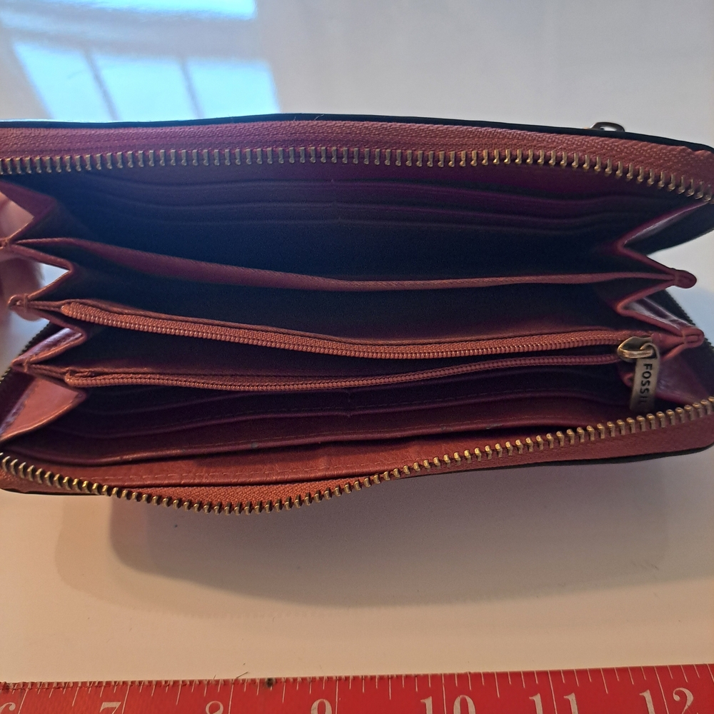 Fossil Logan Leather Zip Around Wristlet Wallet-Colorblock Pink, Yellow & Navy - Picture 3 of 4